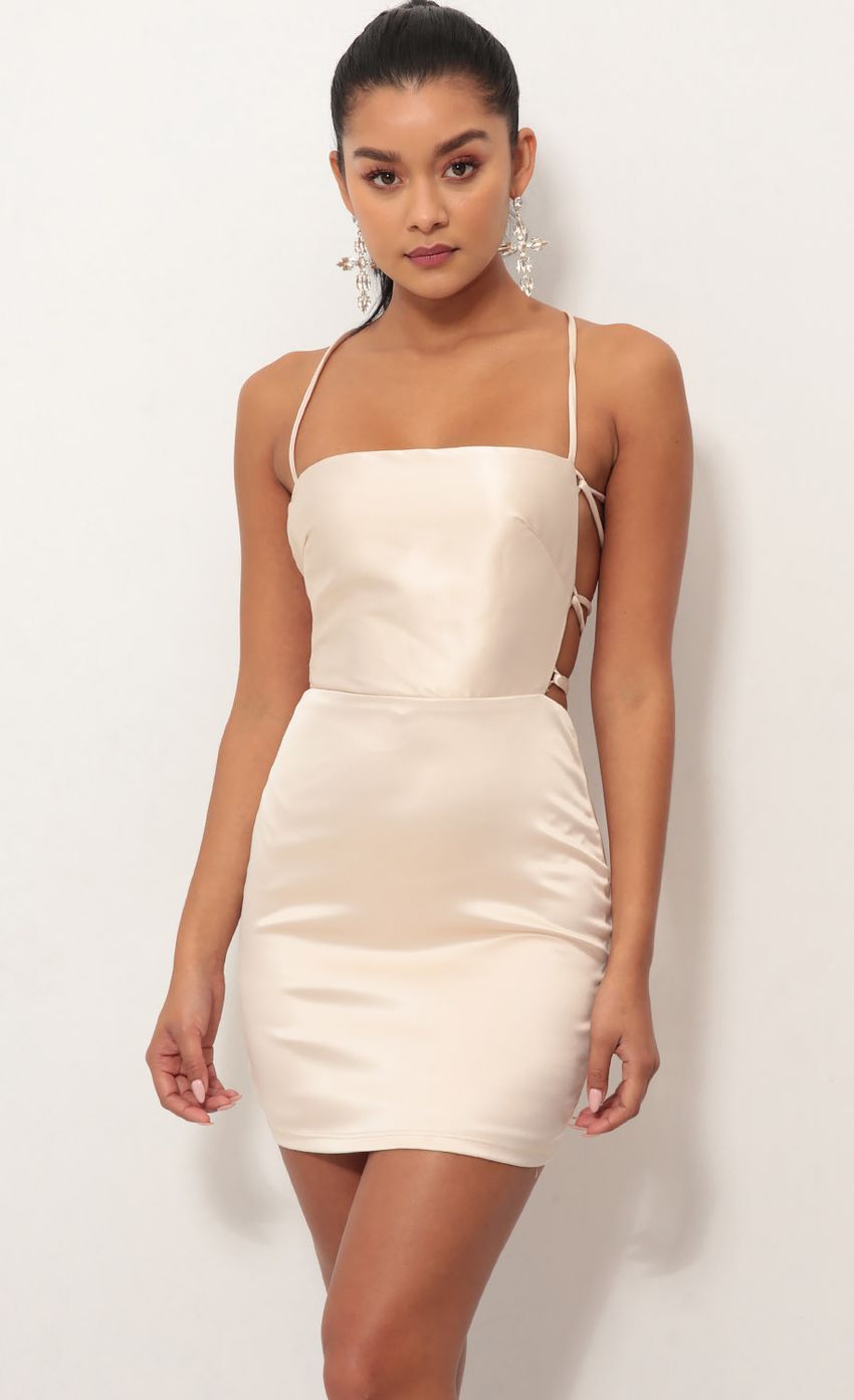 Picture Satin Lace-up Dress in Champagne. Source: https://media-img.lucyinthesky.com/data/Oct18_1/850xAUTO/0Y5A3093.JPG
