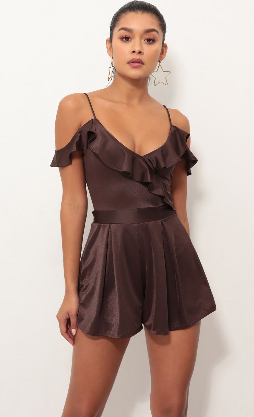 Picture Isabella Ruffle Romper In Cocoa. Source: https://media-img.lucyinthesky.com/data/Oct18_1/850xAUTO/0Y5A3331.JPG