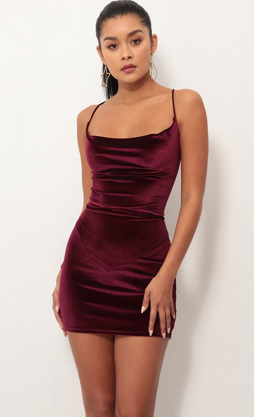 Picture Cowl Neck Velvet Dress in Wine. Source: https://media-img.lucyinthesky.com/data/Oct18_1/850xAUTO/0Y5A3375S.JPG