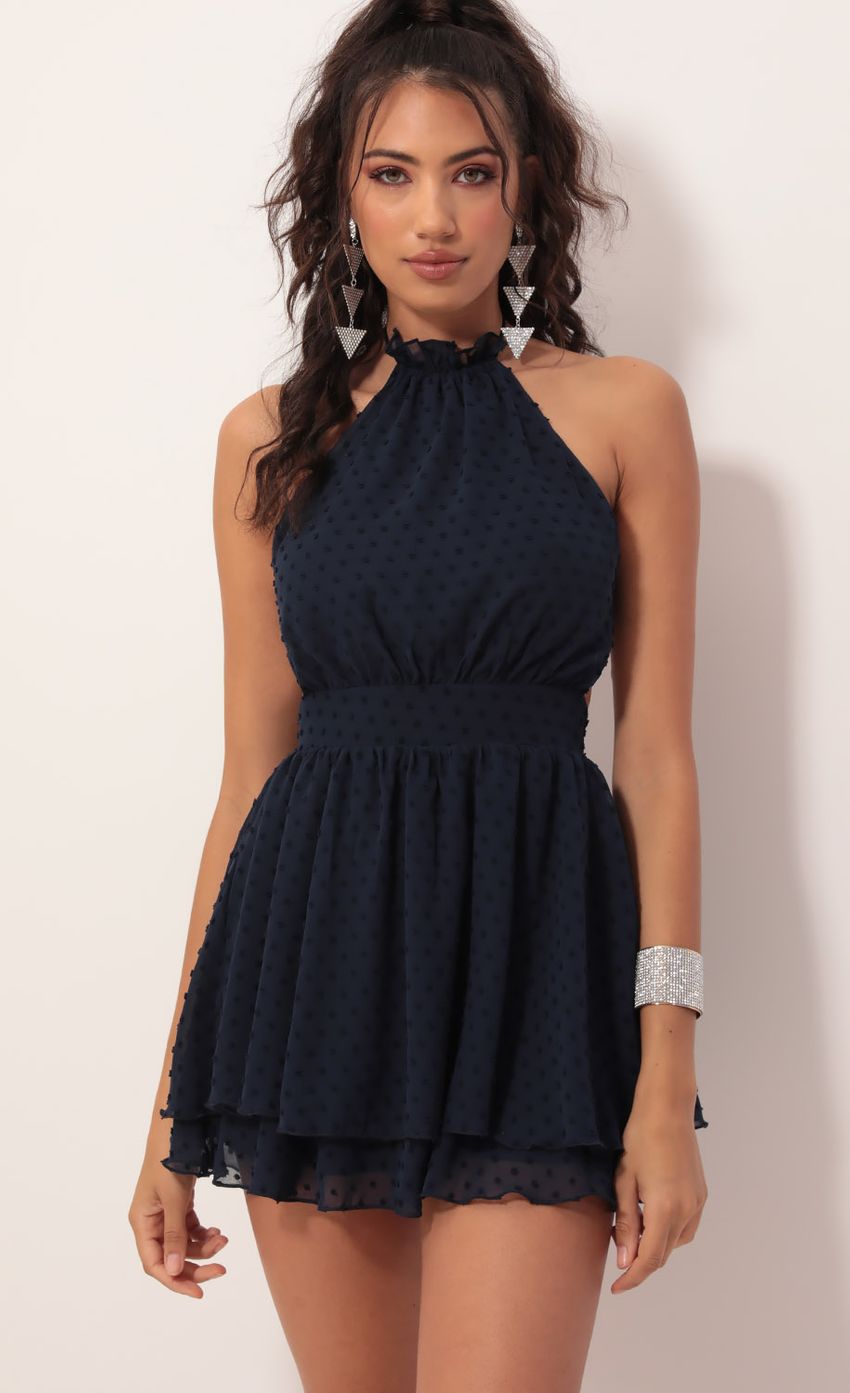 Picture Sara Halter Chiffon Dress in Navy Dots. Source: https://media-img.lucyinthesky.com/data/Oct19_2/850xAUTO/781A7951.JPG