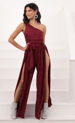 Picture Shimmer One Shoulder Jumpsuit in Burgundy. Source: https://media-img.lucyinthesky.com/data/Oct20_1/150xAUTO/1V9A2115.JPG