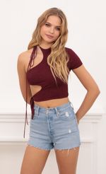 Picture Tied Down Crop Top in Burgundy Shimmer. Source: https://media-img.lucyinthesky.com/data/Oct20_1/150xAUTO/1V9A3056.JPG