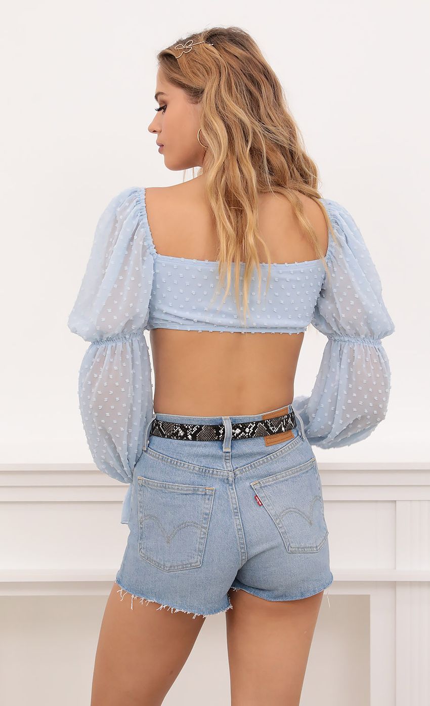 Picture Dotted Front Tie Puff Sleeve Top In Blue. Source: https://media-img.lucyinthesky.com/data/Oct20_1/850xAUTO/1V9A2554.JPG