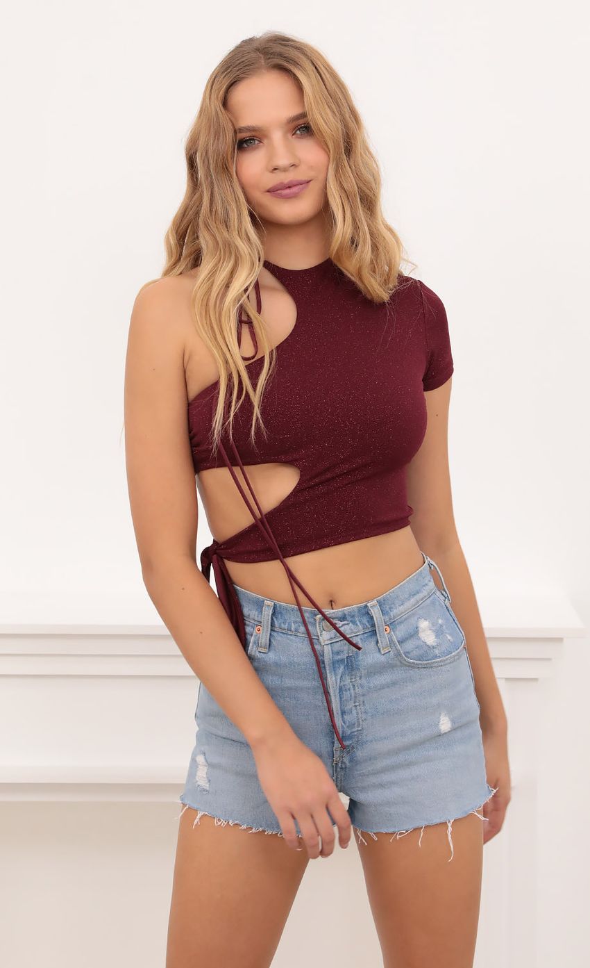 Picture Tied Down Crop Top in Burgundy Shimmer. Source: https://media-img.lucyinthesky.com/data/Oct20_1/850xAUTO/1V9A3050.JPG