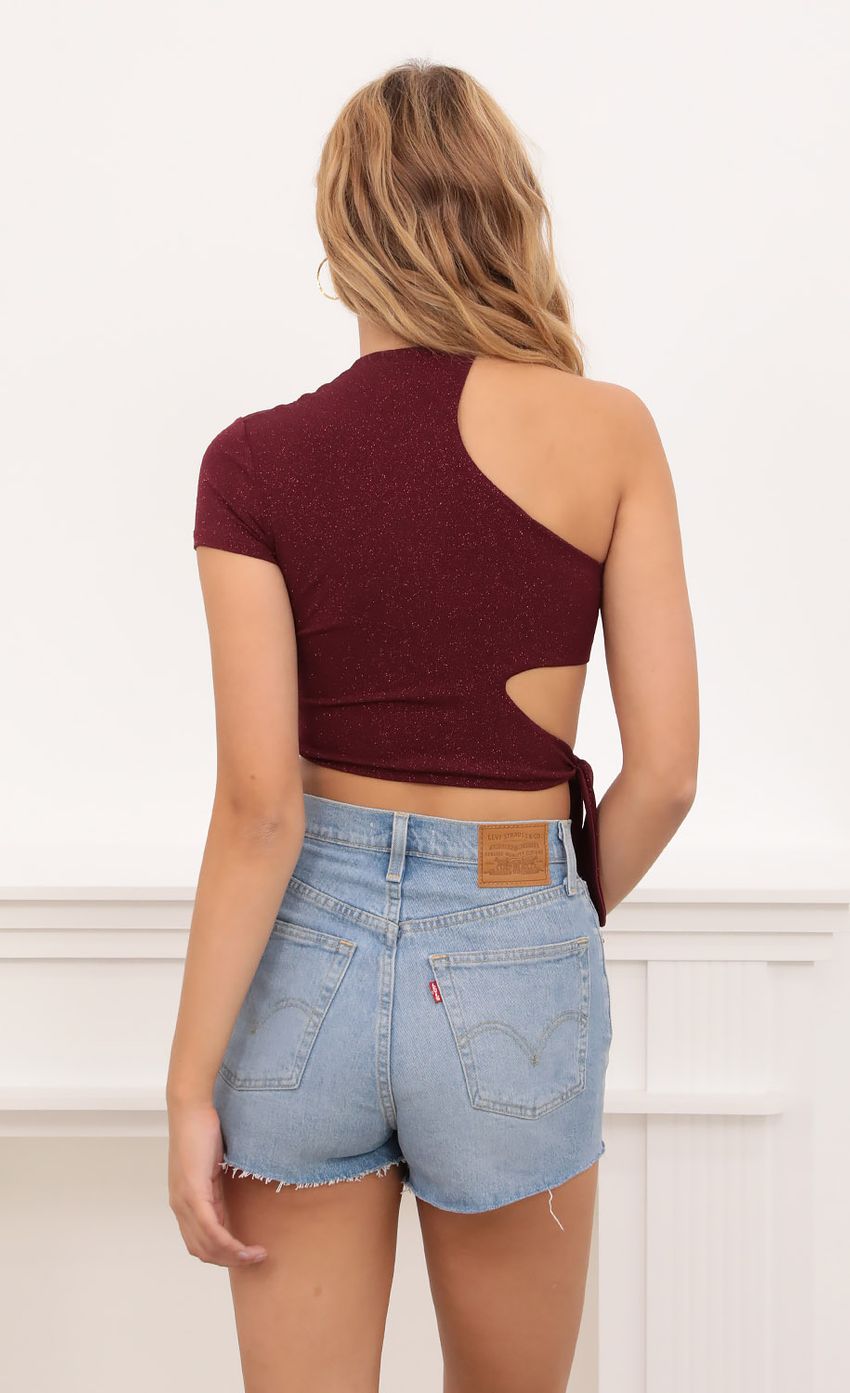 Picture Tied Down Crop Top in Burgundy Shimmer. Source: https://media-img.lucyinthesky.com/data/Oct20_1/850xAUTO/1V9A3152.JPG