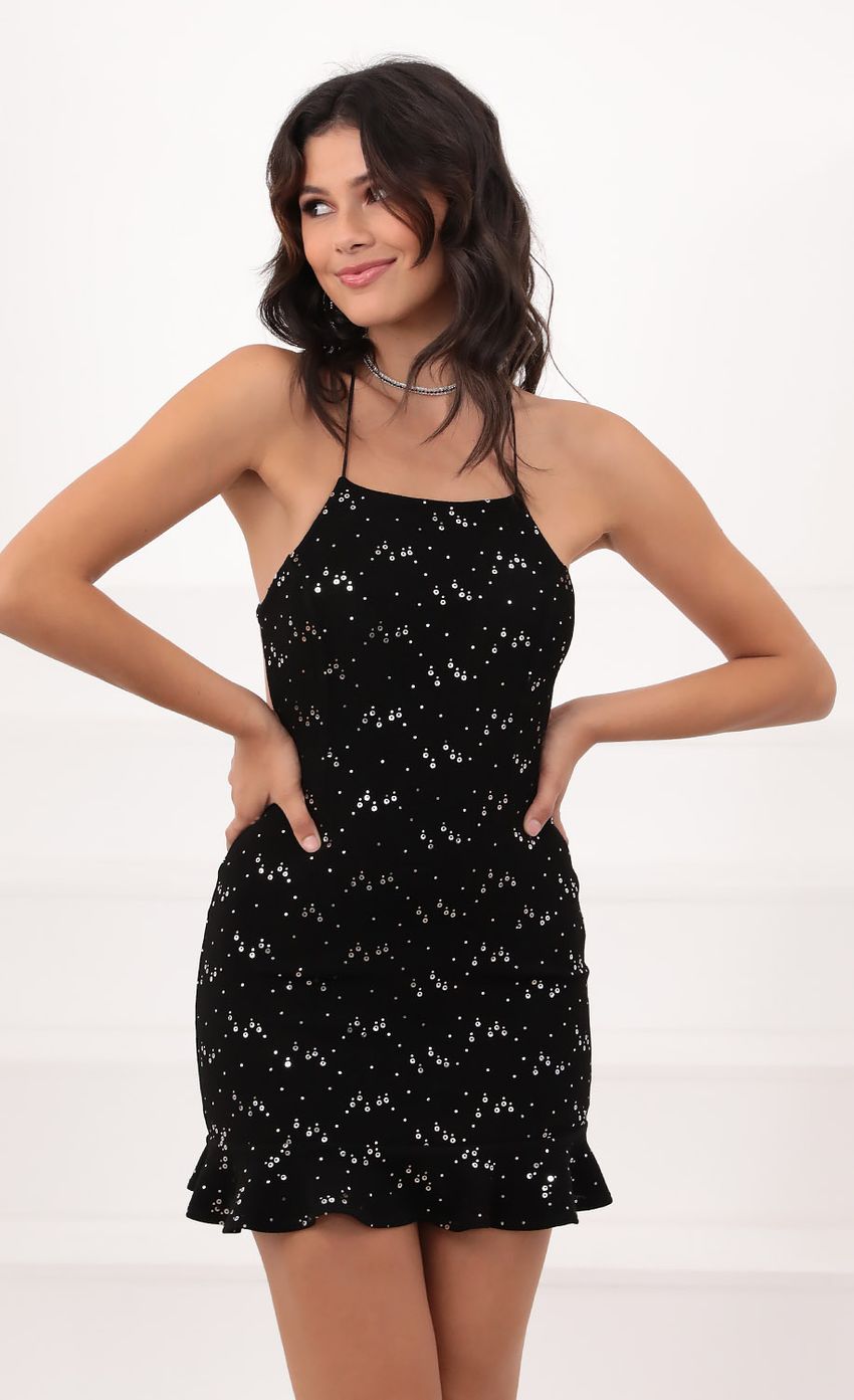 Picture Shimmer Halter Ruffle Dress in Black. Source: https://media-img.lucyinthesky.com/data/Oct20_1/850xAUTO/1V9A4632.JPG