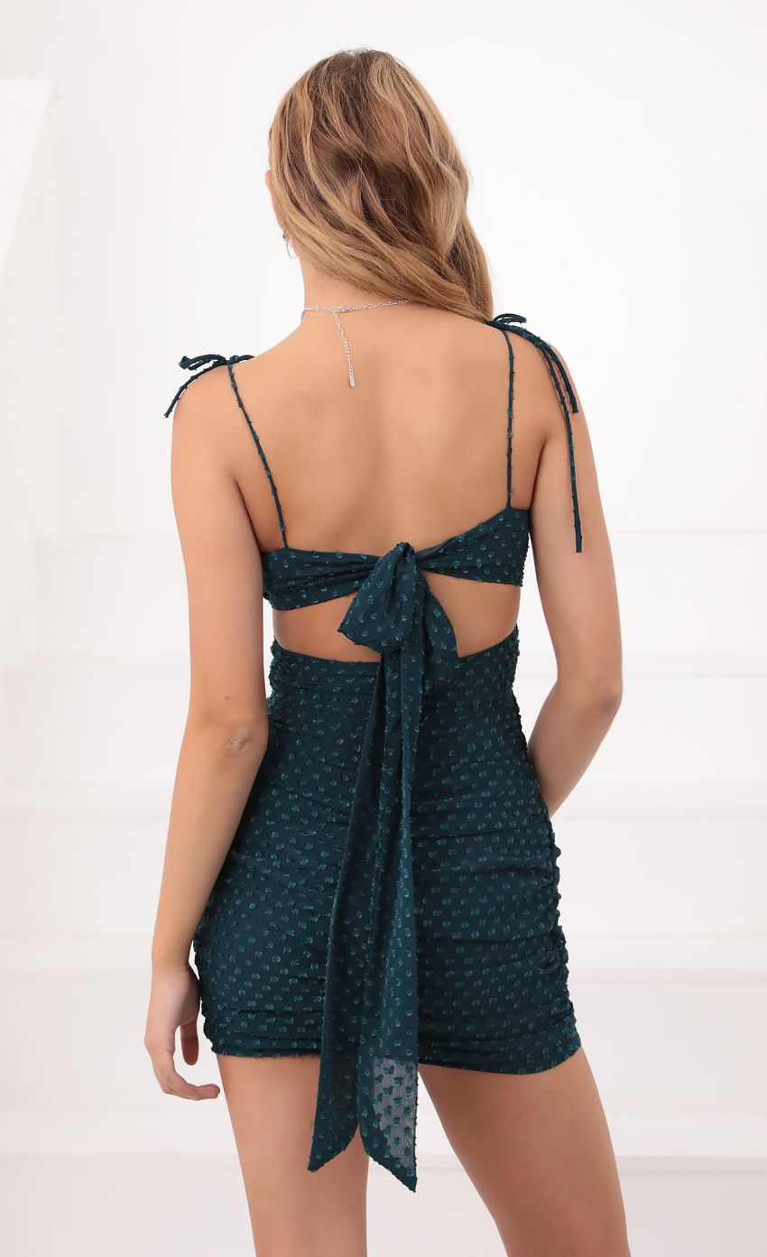 Picture Bow Tie Bodycon Dress in Hunter Green. Source: https://media-img.lucyinthesky.com/data/Oct20_1/850xAUTO/781A9917.JPG