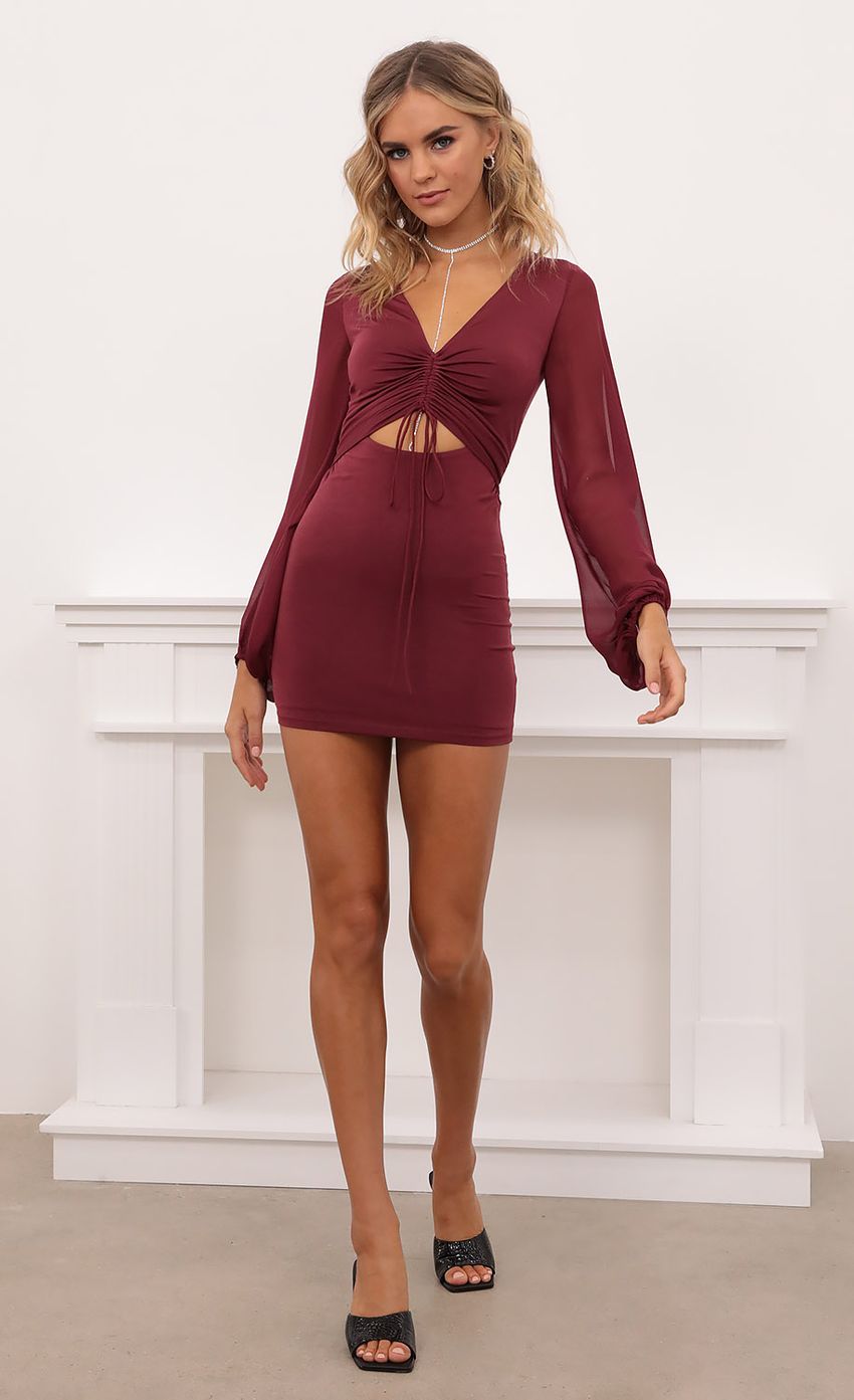 Picture Tie Front Long Sleeve Bodycon in Burgundy. Source: https://media-img.lucyinthesky.com/data/Oct20_2/850xAUTO/1V9A1807.JPG