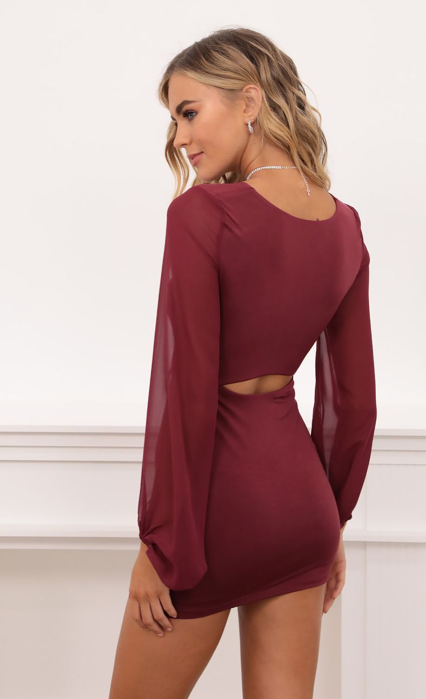 Picture Tie Front Long Sleeve Bodycon in Burgundy. Source: https://media-img.lucyinthesky.com/data/Oct20_2/850xAUTO/1V9A1863.JPG