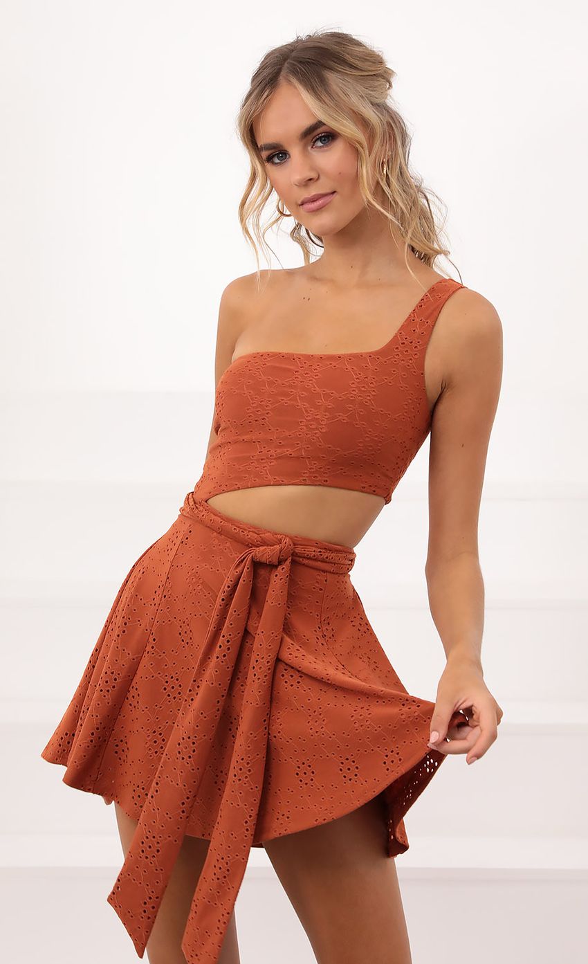 Picture Amara Eyelet One Shoulder A-line Dress in Rust. Source: https://media-img.lucyinthesky.com/data/Oct20_2/850xAUTO/1V9A4722.JPG