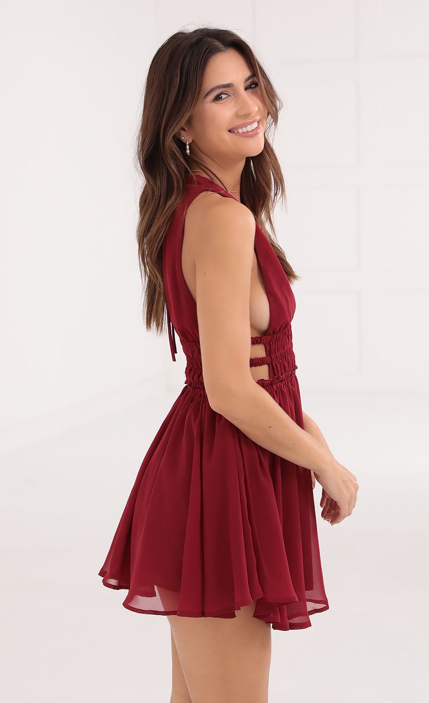 Picture Plunge A-Line Dress in Burgundy. Source: https://media-img.lucyinthesky.com/data/Oct21_1/850xAUTO/1V9A0927.JPG