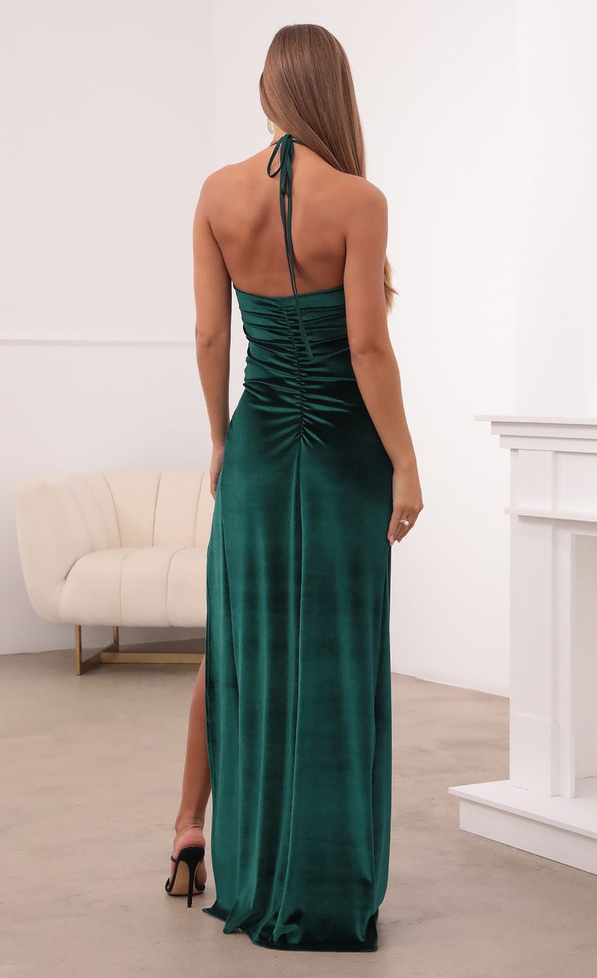 Picture Ruched Maxi Dress in Green Velvet. Source: https://media-img.lucyinthesky.com/data/Oct21_1/850xAUTO/1V9A8102.JPG