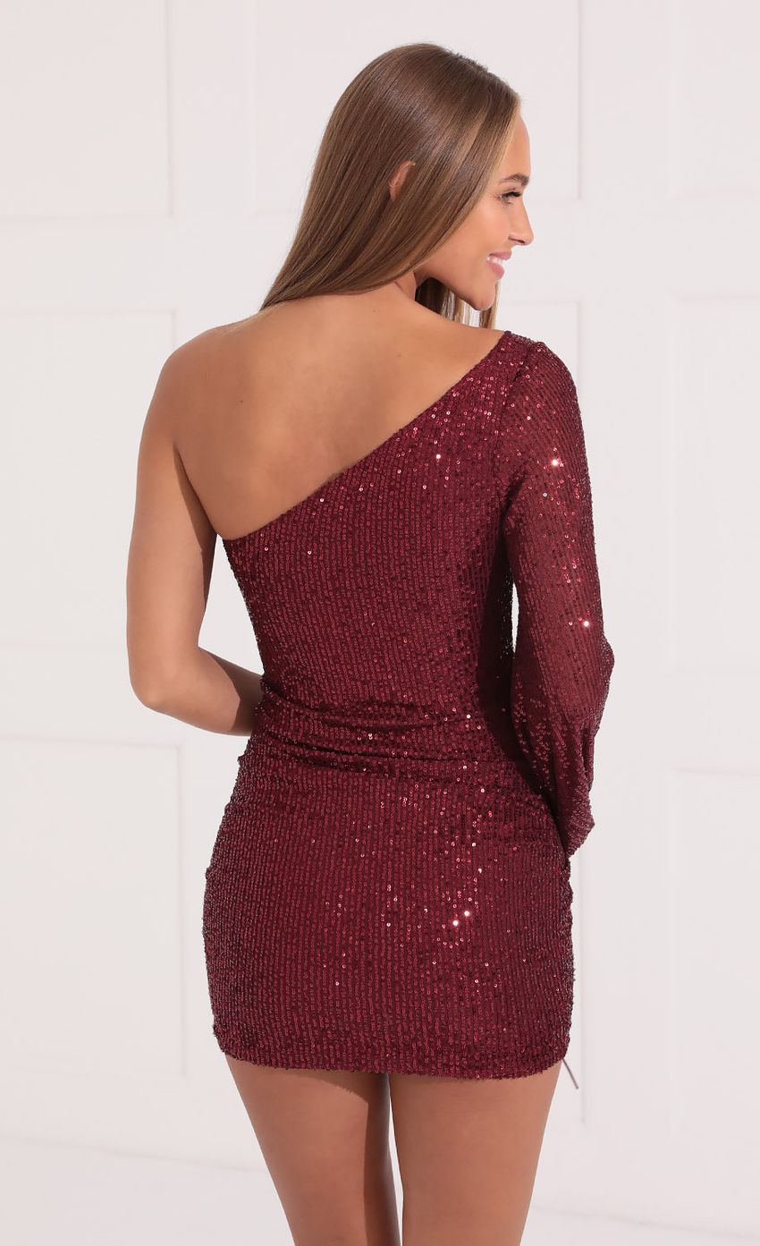Picture One Shoulder Sequin Dress in Burgundy. Source: https://media-img.lucyinthesky.com/data/Oct21_1/850xAUTO/1V9A8703.JPG