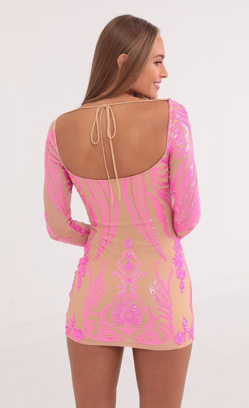 Picture Iridescent Sequin Mesh Dress in Pink. Source: https://media-img.lucyinthesky.com/data/Oct21_1/850xAUTO/1V9A9035.JPG