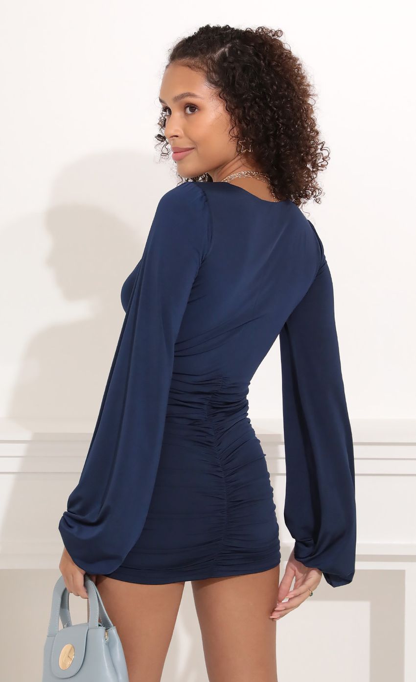 Picture Long Sleeve Ruched dress in Navy Blue. Source: https://media-img.lucyinthesky.com/data/Oct21_2/850xAUTO/1V9A3330.JPG