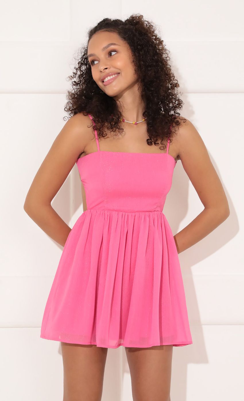 Picture Chiffon A-line Dress in Hot Pink. Source: https://media-img.lucyinthesky.com/data/Oct21_2/850xAUTO/1V9A4490.JPG