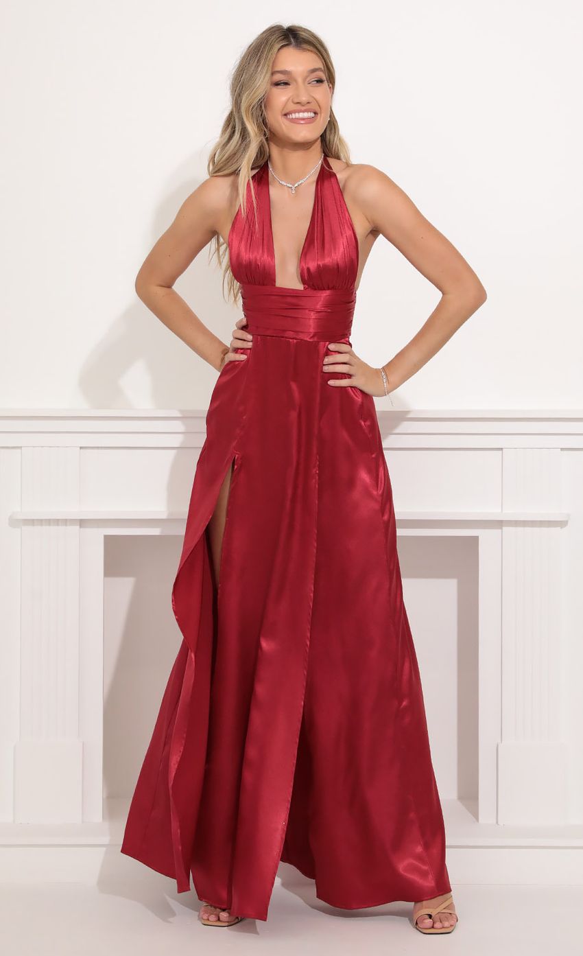 Picture Maxi Satin Dress in Burgundy. Source: https://media-img.lucyinthesky.com/data/Oct21_2/850xAUTO/2V9A0238.JPG