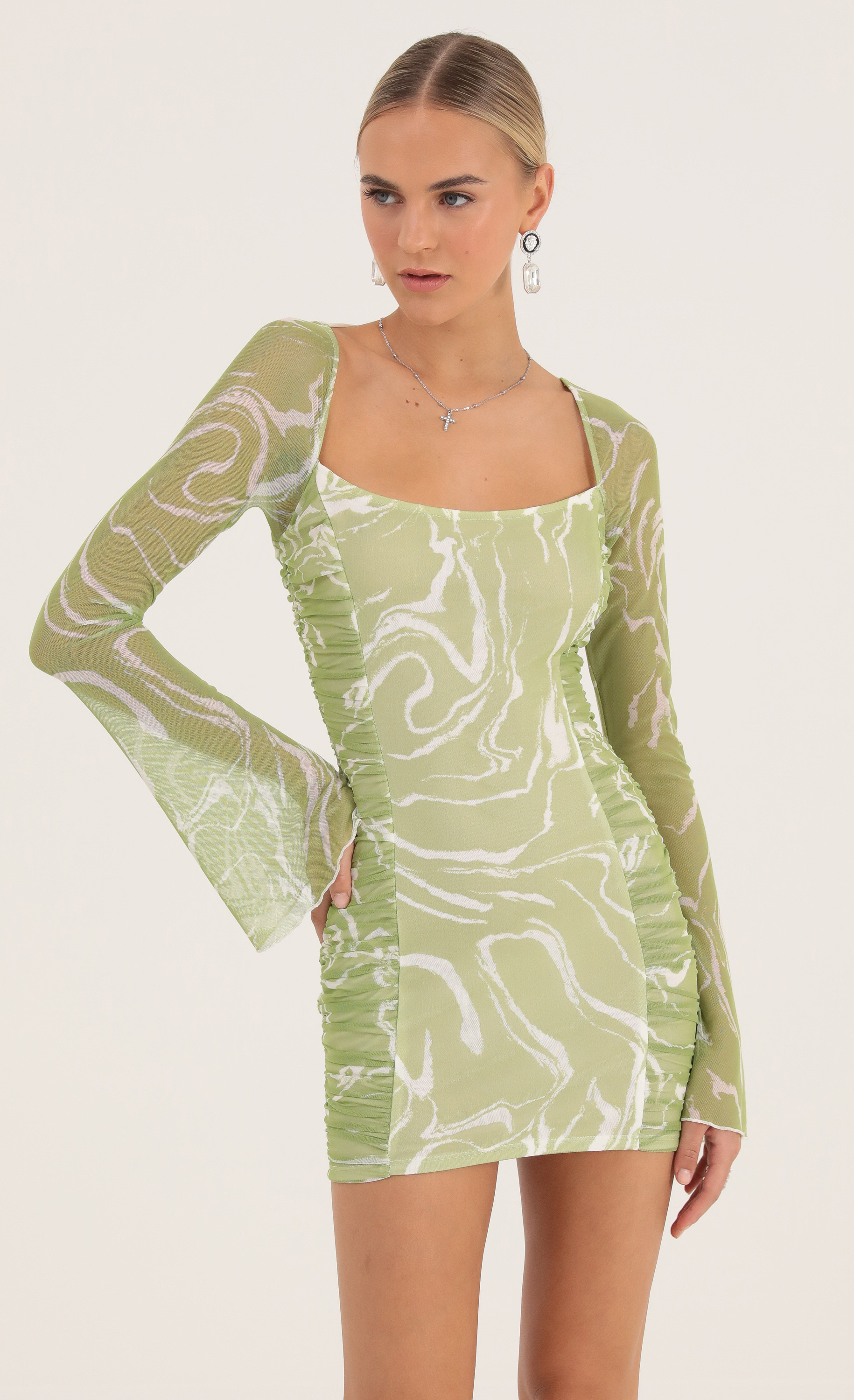 Sarai Marble Mesh Ruched Bodycon Dress in Green