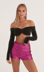 Picture Iridescent Sequin Off The Shoulder Top in Pink. Source: https://media-img.lucyinthesky.com/data/Oct22/150xAUTO/2a75ab6a-b0ca-4b2d-af5d-55cab067e8f8.jpg