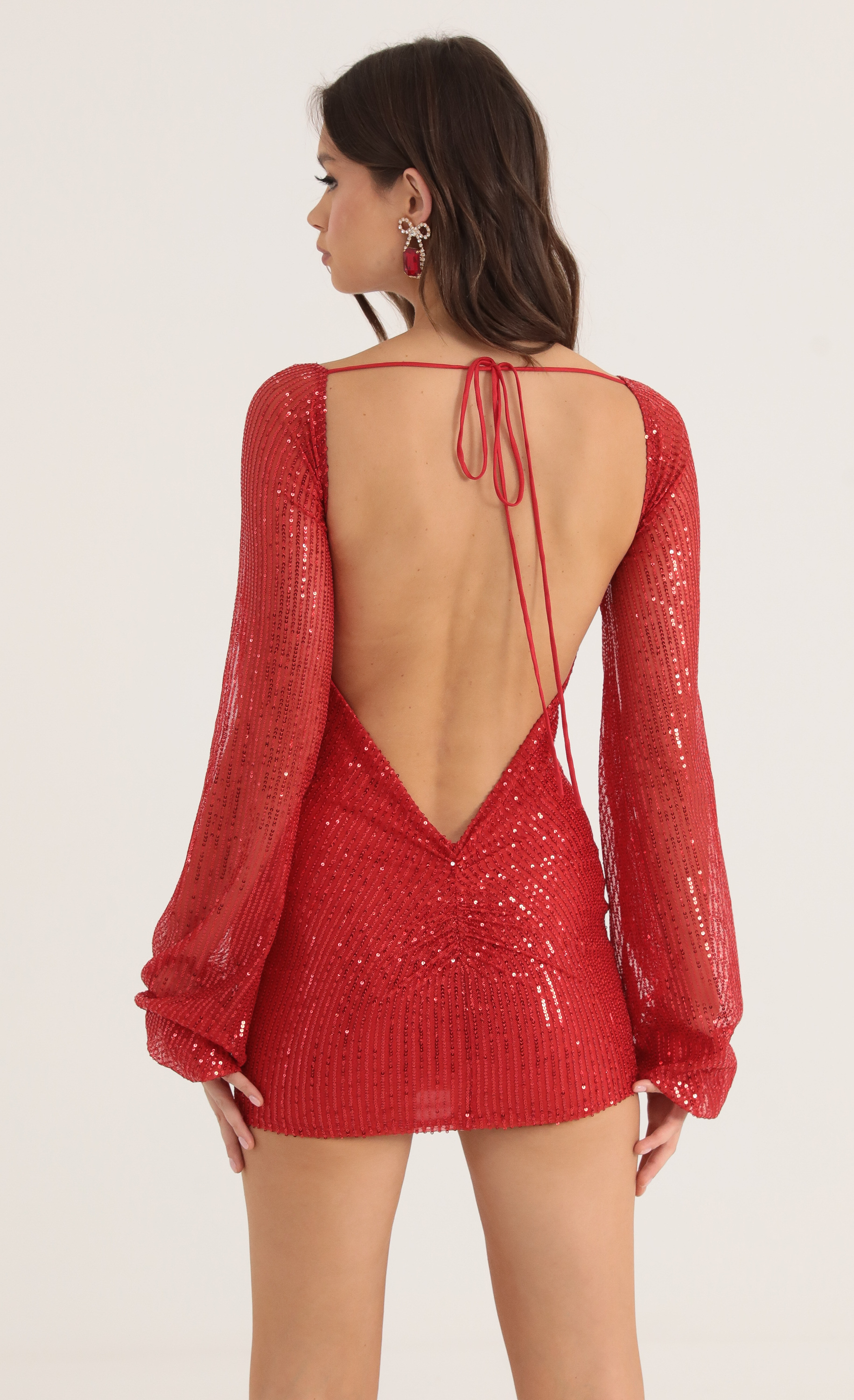 Sequin Open Back Long Sleeve Dress in Red