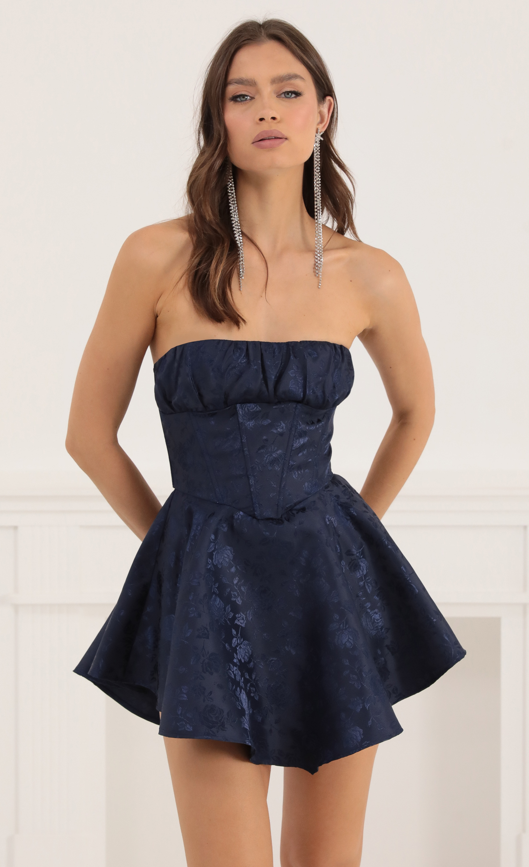 Floral Jacquard Corset Flare Dress in Navy