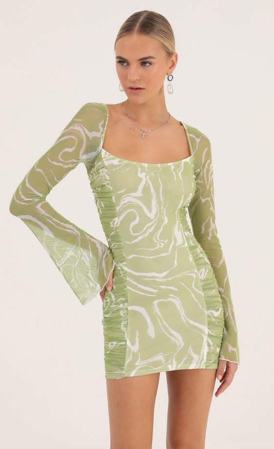 Sarai Marble Mesh Ruched Bodycon Dress in Green