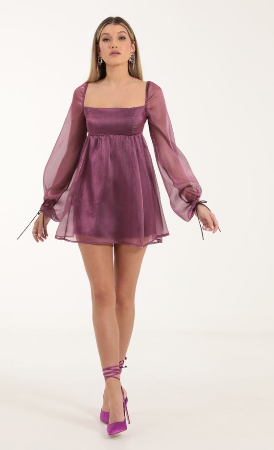 Crinkle Long Sleeve Baby Doll Dress in Purple