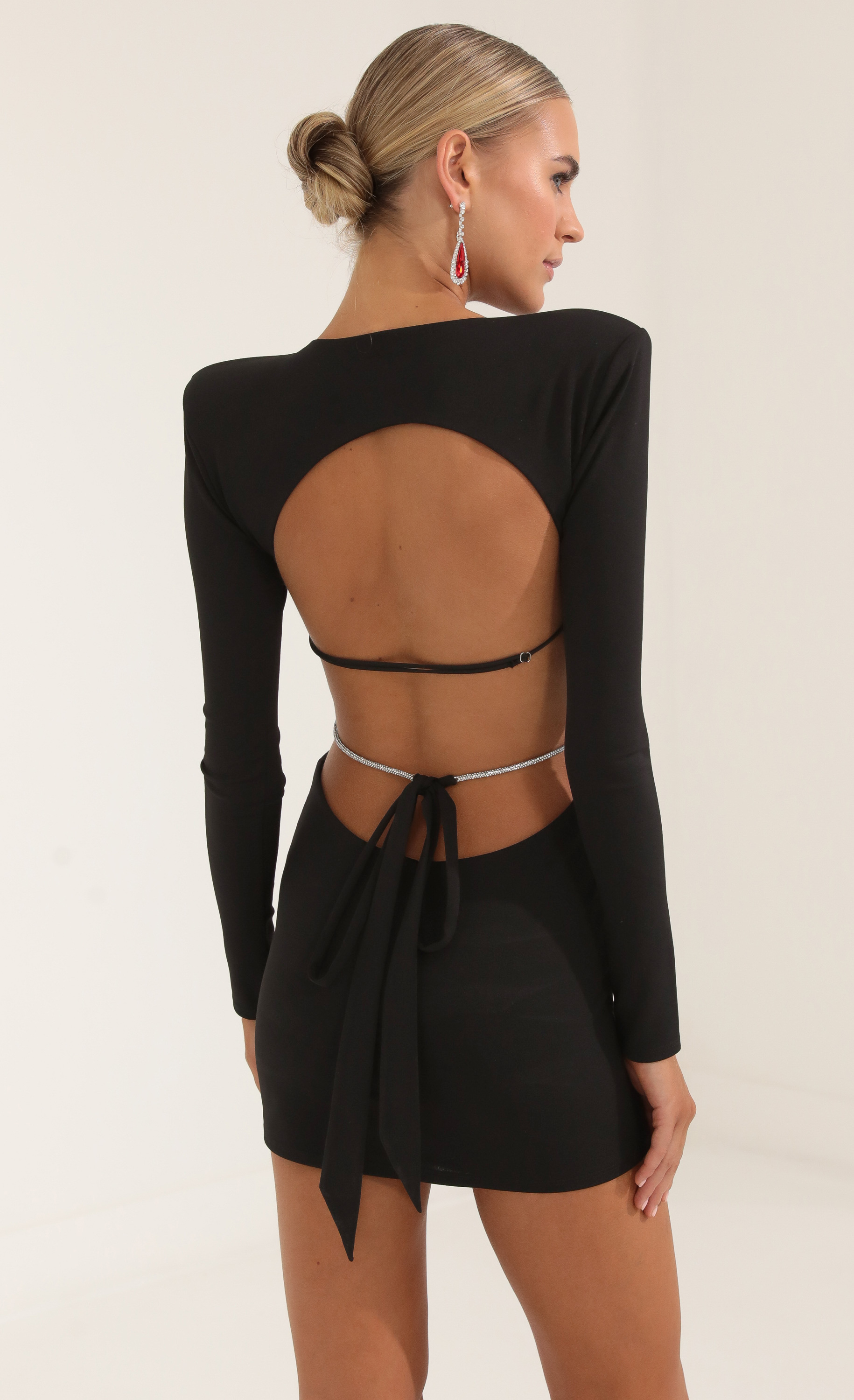 Crepe Shoulder Pad Cutout Dress in Black