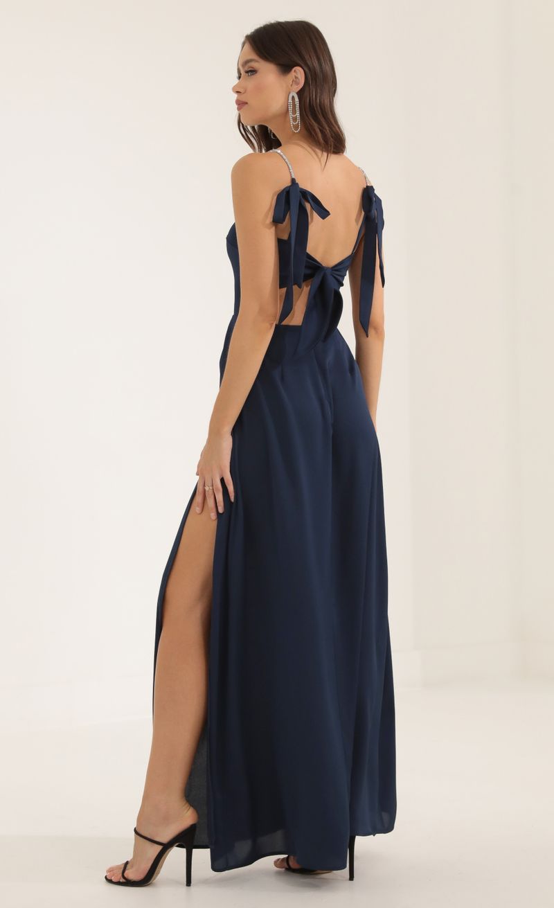 Gala Crepe Rhinestone Strap Maxi Dress in Navy