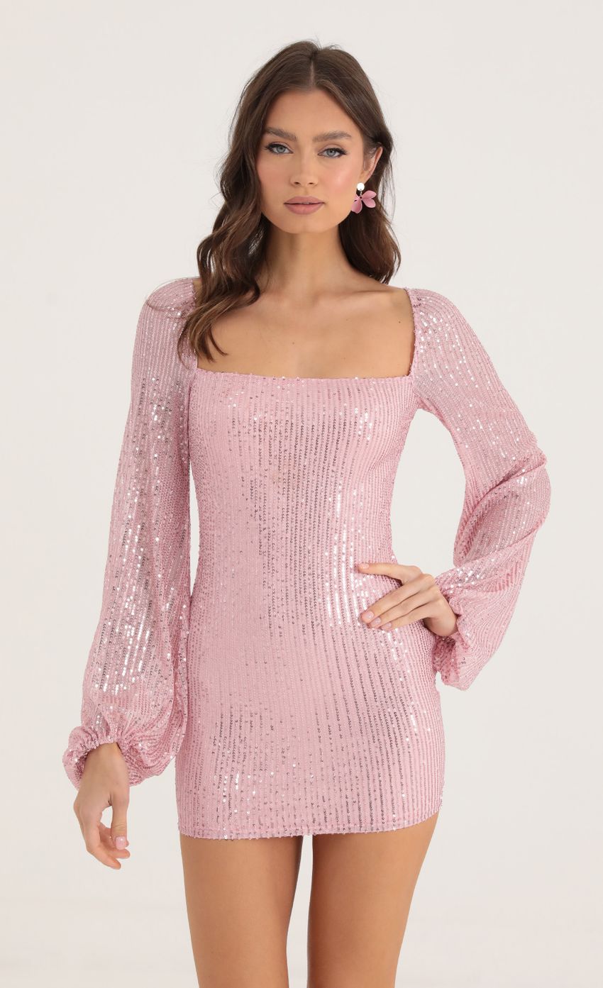 Picture Sequin Open Back Long Sleeve Dress in Pink. Source: https://media-img.lucyinthesky.com/data/Oct22/850xAUTO/00b31d89-2b5f-4be5-b042-c819653aa50b.jpg
