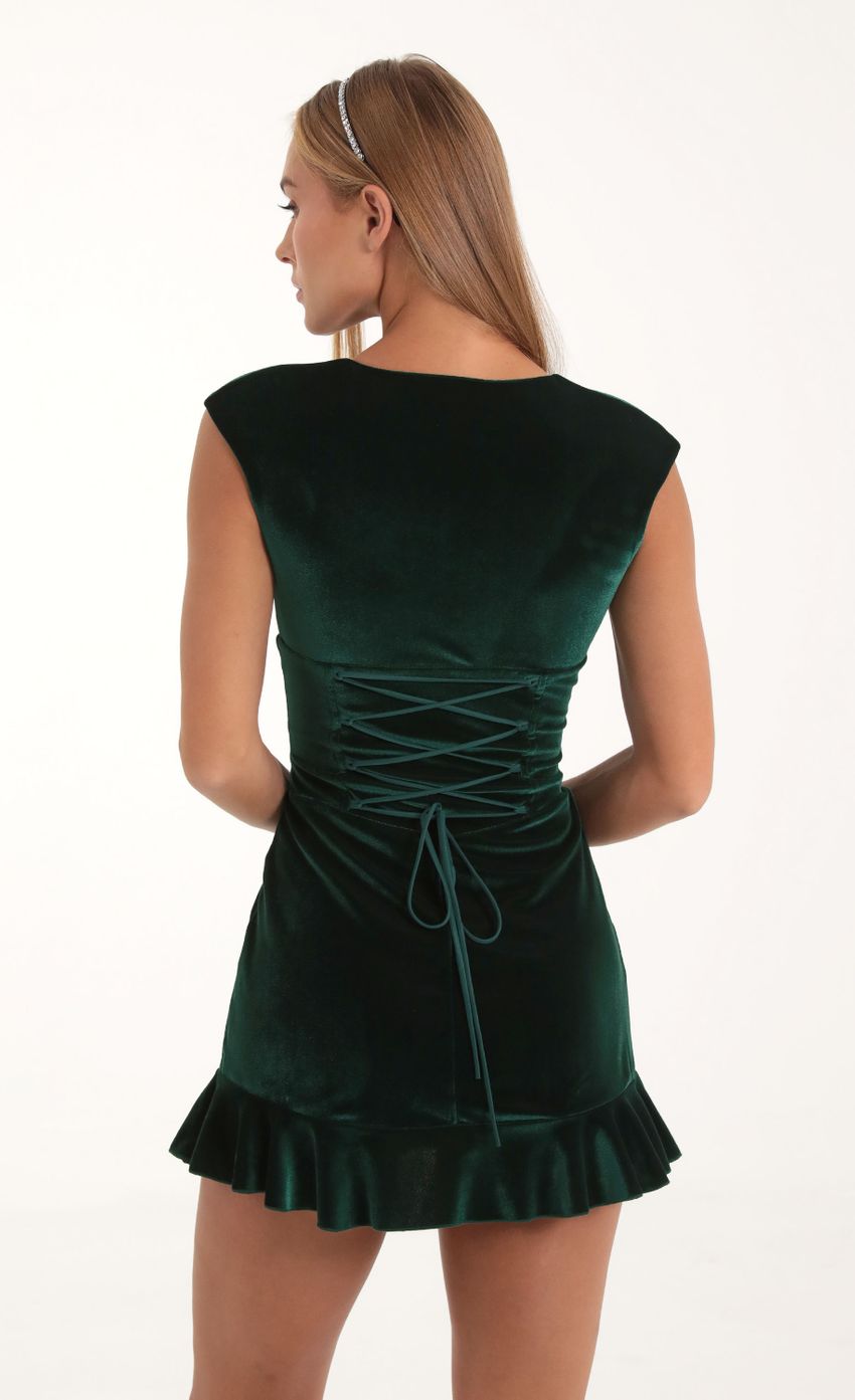 Picture Velvet Hook and Eye Corset Dress in Green. Source: https://media-img.lucyinthesky.com/data/Oct22/850xAUTO/01254a76-7a0c-4fb3-a9f7-d1be9cbfa022.jpg