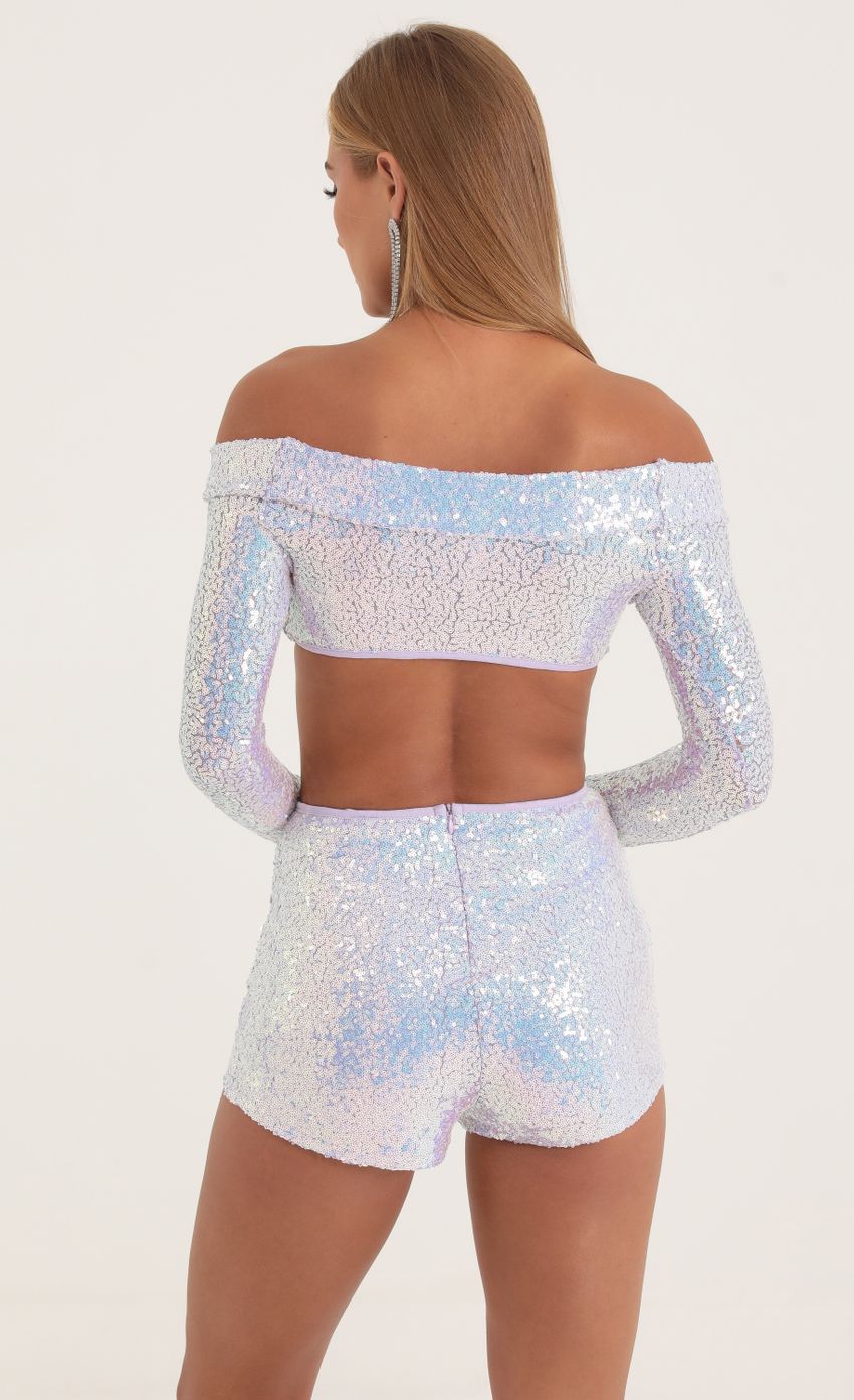 Picture Iridescent Sequin Two Piece Set in Purple. Source: https://media-img.lucyinthesky.com/data/Oct22/850xAUTO/03db43be-a850-4e4a-9298-158663555776.jpg