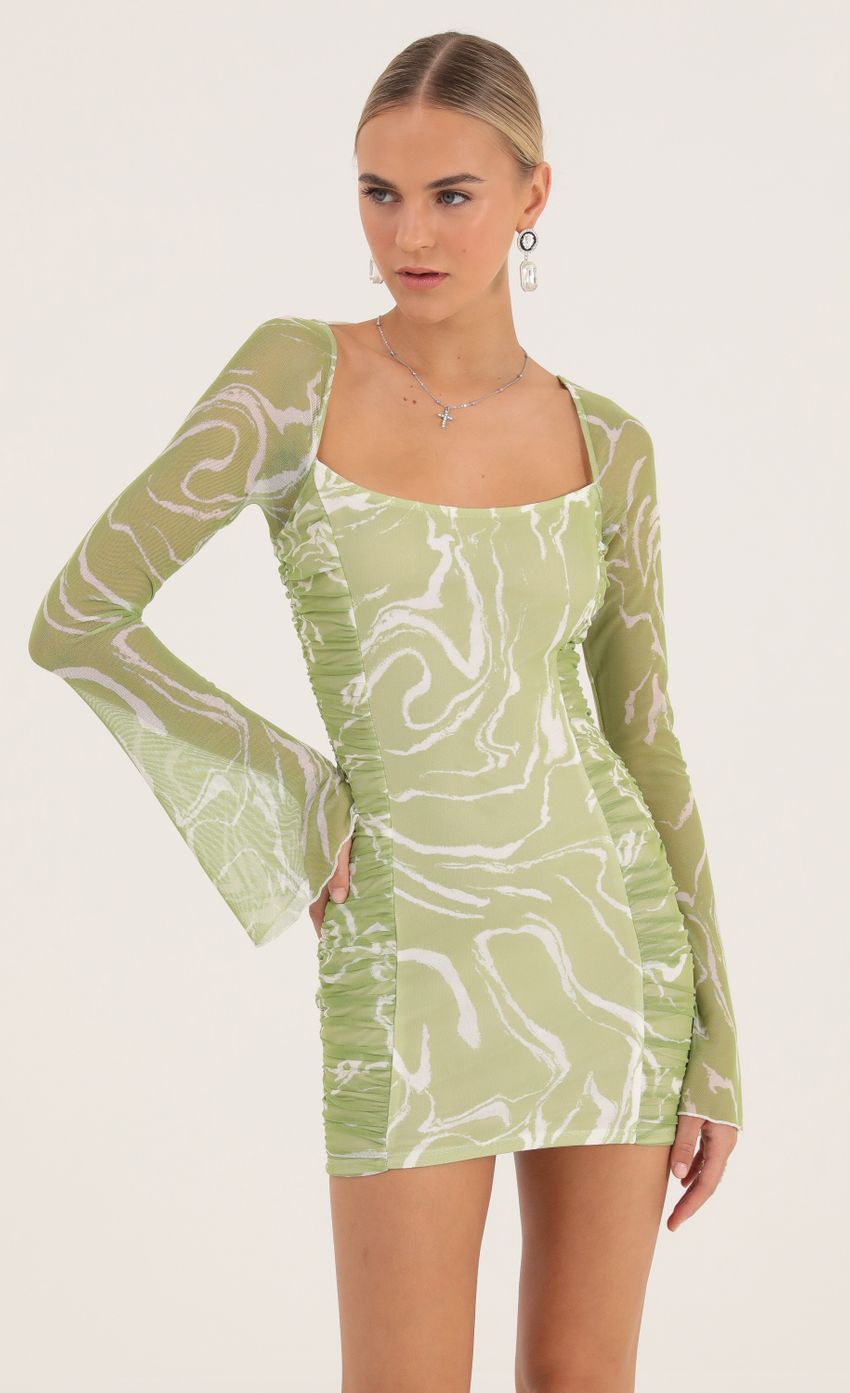 Picture Sarai Marble Mesh Ruched Bodycon Dress in Green. Source: https://media-img.lucyinthesky.com/data/Oct22/850xAUTO/046c2995-257c-405f-a8b4-4cefb492396c.jpg