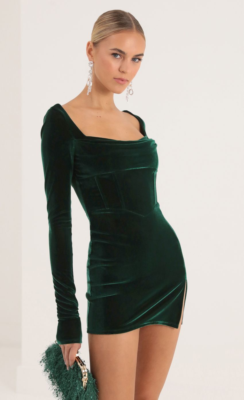 Picture Velvet Long Sleeve Corset Dress in Green. Source: https://media-img.lucyinthesky.com/data/Oct22/850xAUTO/0774bf39-4253-4bb7-8f33-f18e339c56c9.jpg