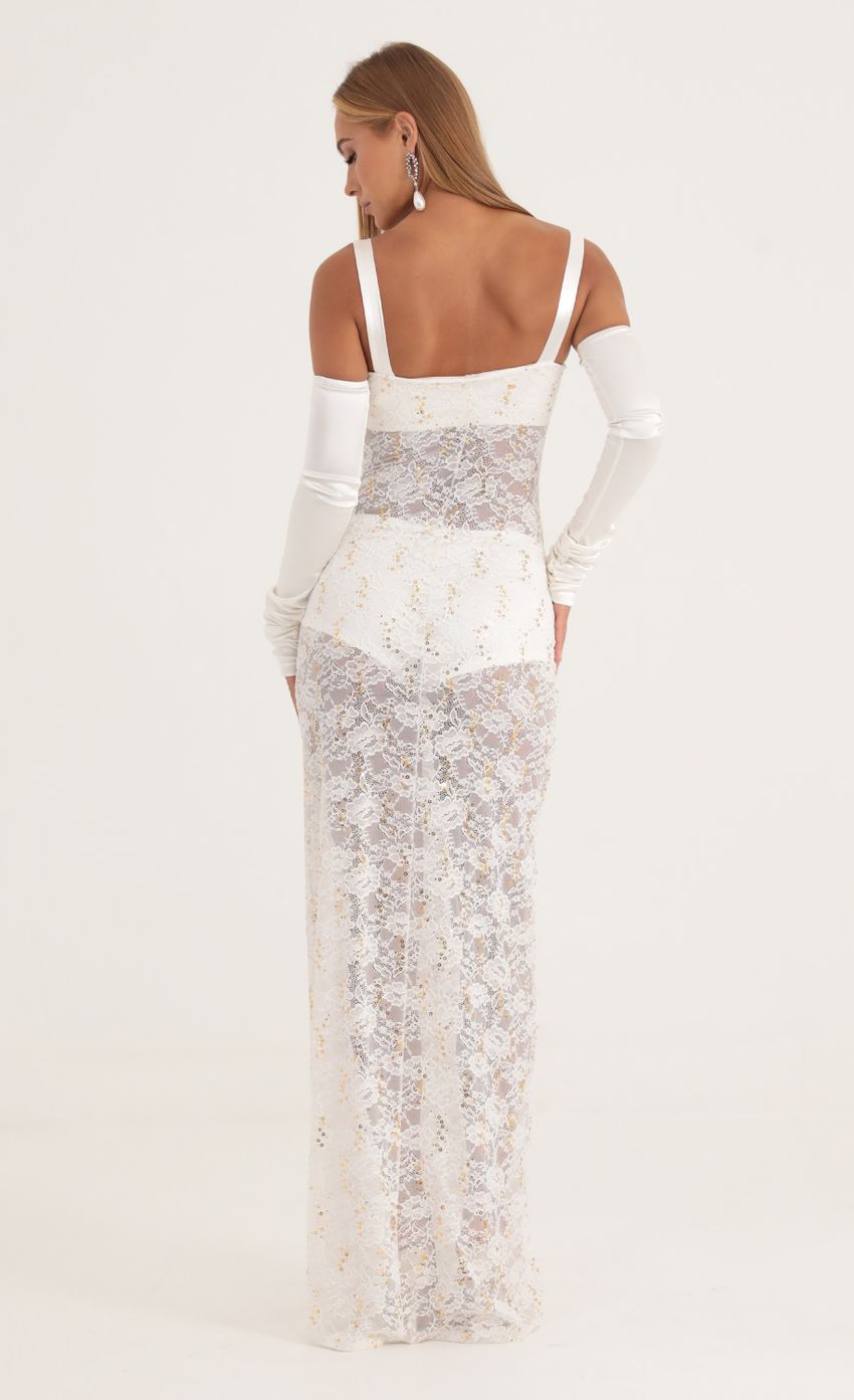 Picture Lidiya Sequin Lace Maxi Three Piece Set in White. Source: https://media-img.lucyinthesky.com/data/Oct22/850xAUTO/1c6262a8-d889-45f8-8b20-4f47c4f2f3a7.jpg