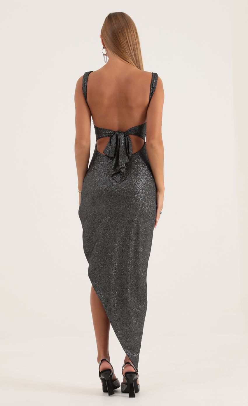Picture Chicago Silver Glitter Ruched Side Slit Maxi Dress in Black. Source: https://media-img.lucyinthesky.com/data/Oct22/850xAUTO/2dbe4e78-959f-4f7b-8c1b-8c3e1b3aec48.jpg