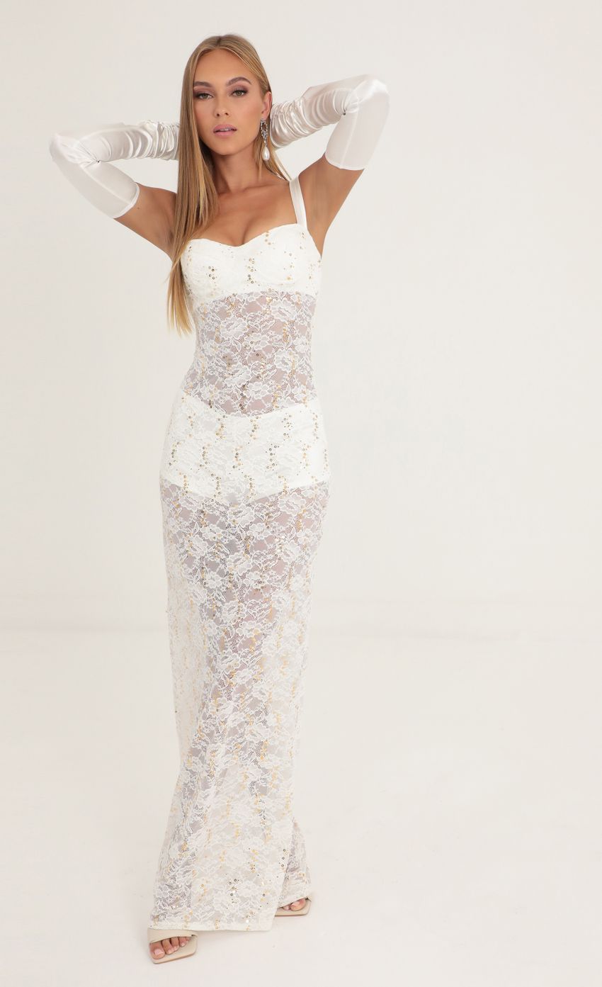 Picture Lidiya Sequin Lace Maxi Three Piece Set in White. Source: https://media-img.lucyinthesky.com/data/Oct22/850xAUTO/343c8c4a-4098-4e9f-8cf3-de33f3ecdc01.jpg