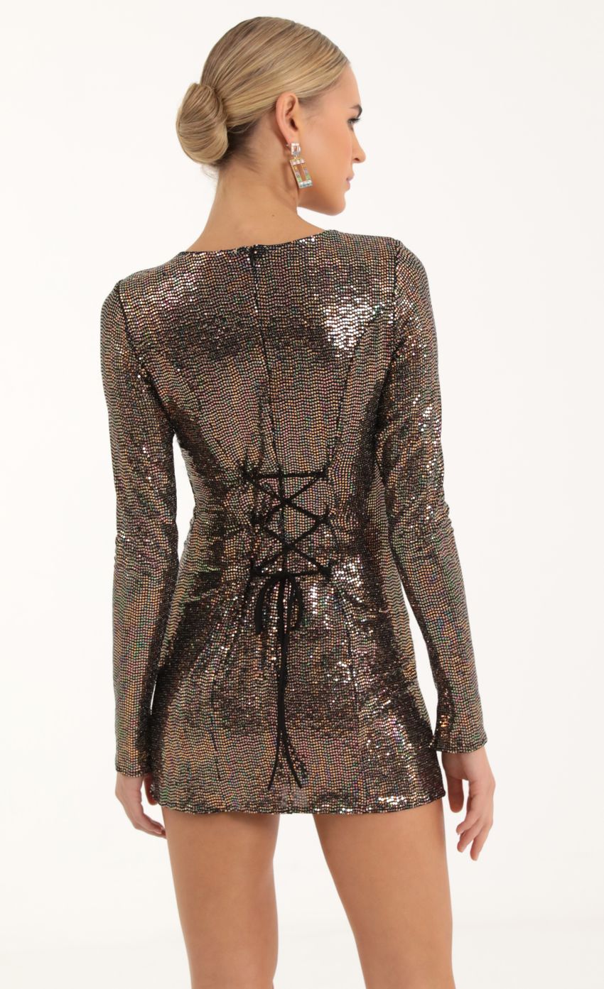 Picture Iridescent Sequin Cinched Bodycon Dress in Copper. Source: https://media-img.lucyinthesky.com/data/Oct22/850xAUTO/55a5e1cc-0c92-41a7-89ba-4e437a568939.jpg