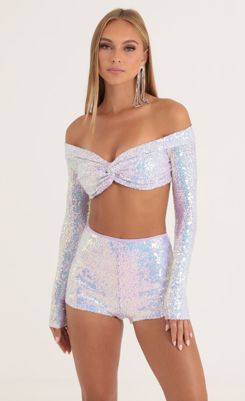 Picture Iridescent Sequin Two Piece Set in Purple. Source: https://media-img.lucyinthesky.com/data/Oct22/850xAUTO/67744b02-dd8e-4b16-8b19-6f5651eaefcd.jpg
