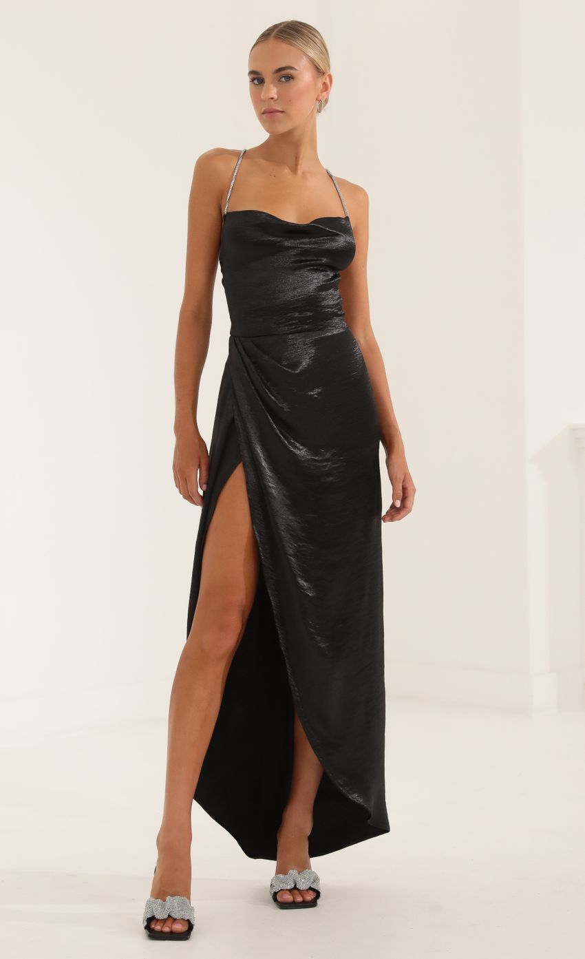 Picture Satin Luxe Rhinestone Strap Maxi Dress in Black. Source: https://media-img.lucyinthesky.com/data/Oct22/850xAUTO/6cf1f376-cac9-436d-8670-0c1a35aca022.jpg