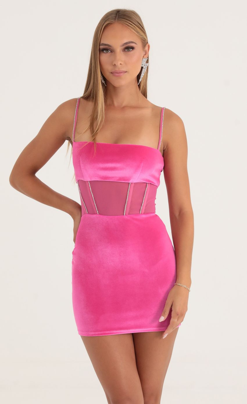 Picture Velvet Rhinestone Corset Dress in Hot Pink. Source: https://media-img.lucyinthesky.com/data/Oct22/850xAUTO/6d216de5-92ae-439e-995c-28506a0a9a3b.jpg