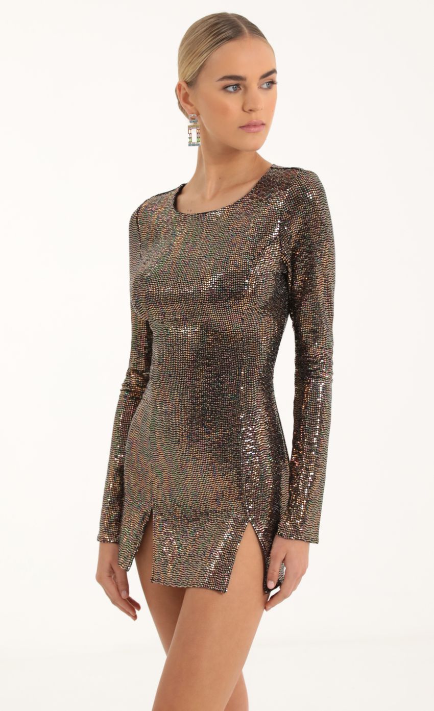 Picture Iridescent Sequin Cinched Bodycon Dress in Copper. Source: https://media-img.lucyinthesky.com/data/Oct22/850xAUTO/73503ca5-f380-47a3-a3ca-9edaadc6339c.jpg