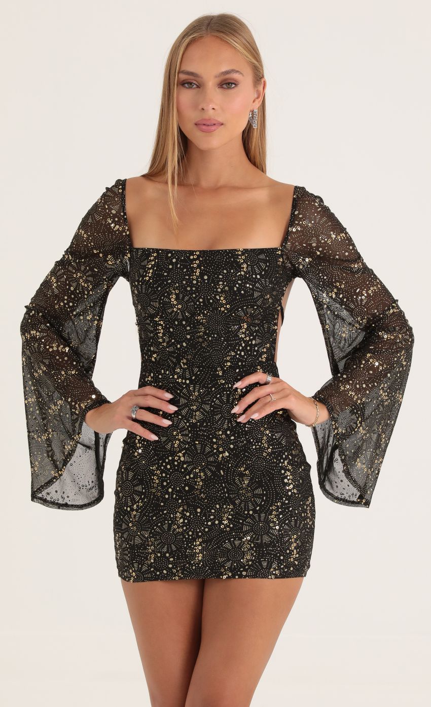 Picture Mesh Sequin Flare Sleeve Dress in Black. Source: https://media-img.lucyinthesky.com/data/Oct22/850xAUTO/79b45d40-25d6-4055-b9f8-669118f4f370.jpg