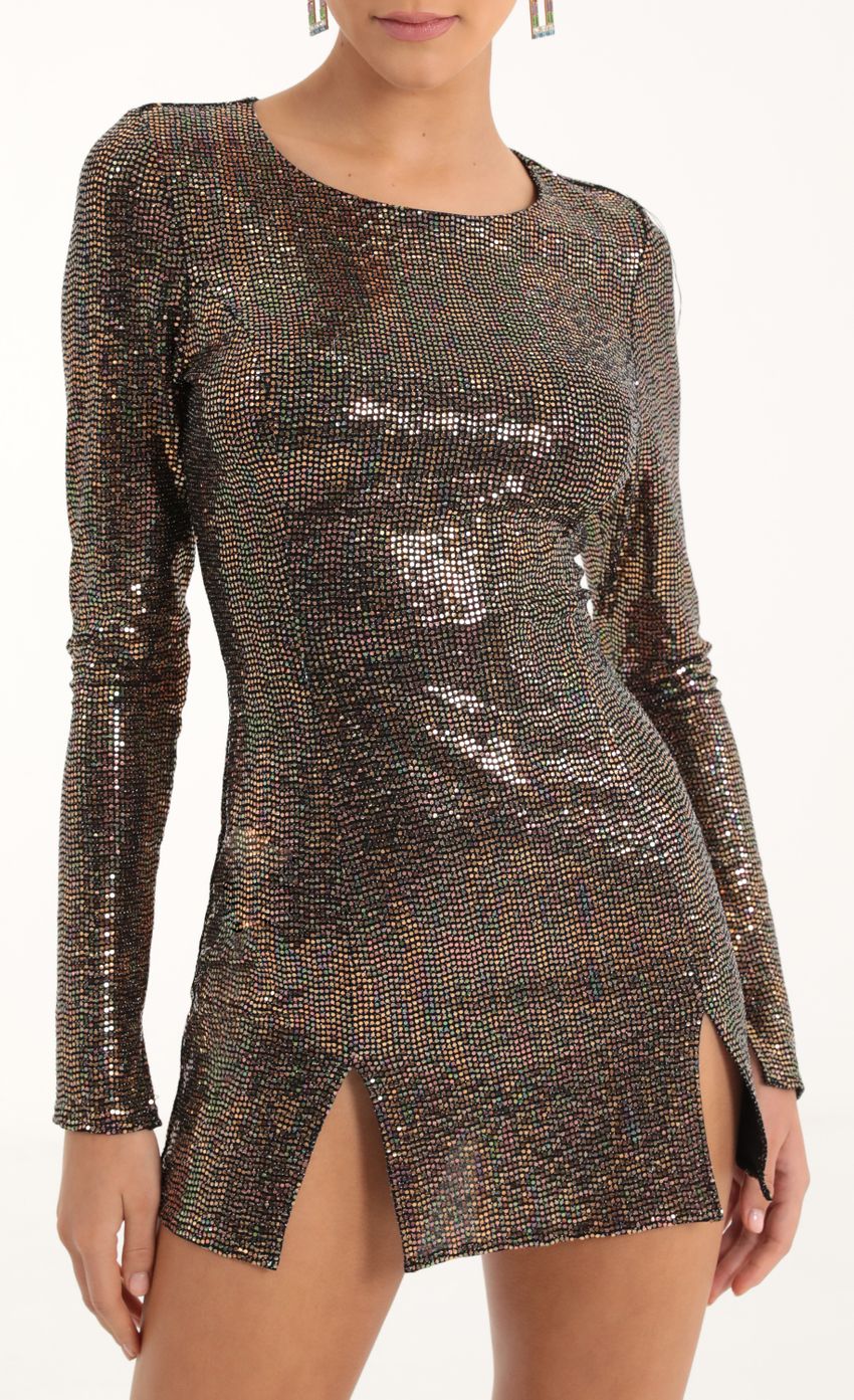 Picture Iridescent Sequin Cinched Bodycon Dress in Copper. Source: https://media-img.lucyinthesky.com/data/Oct22/850xAUTO/7d136028-28d0-4d63-8992-54296632df26.jpg