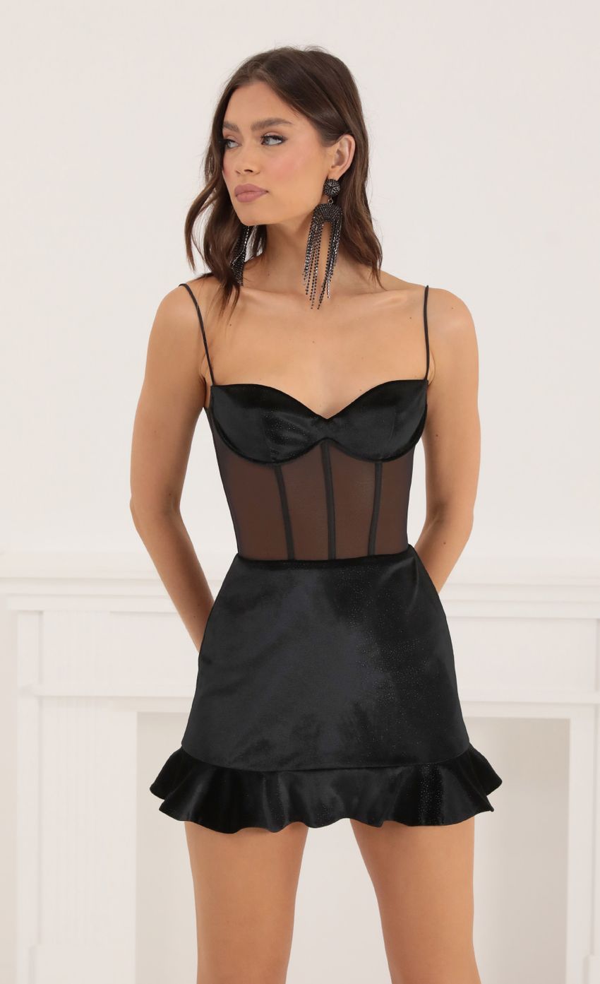 Picture Velvet Foil and Mesh Corset Dress in Black. Source: https://media-img.lucyinthesky.com/data/Oct22/850xAUTO/8f5d7747-b954-4972-b16a-f6f092f05ec6.jpg