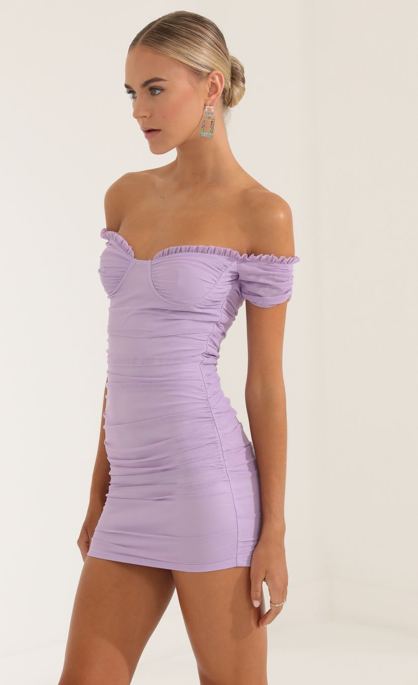 Picture Mesh Off The Shoulder Dress in Purple. Source: https://media-img.lucyinthesky.com/data/Oct22/850xAUTO/94aa0b0b-4426-4bc1-806f-05ff676df378.jpg