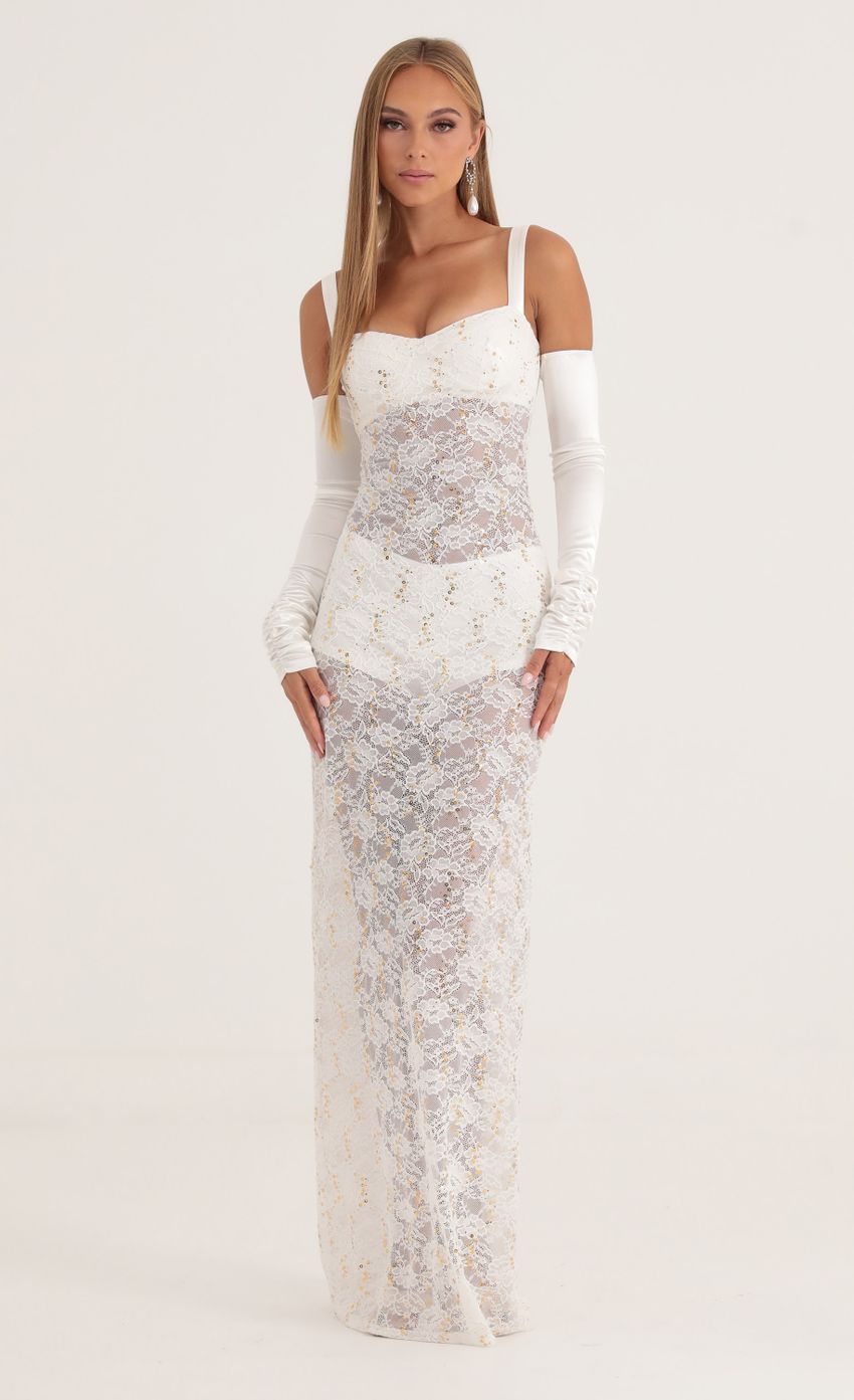 Picture Lidiya Sequin Lace Maxi Three Piece Set in White. Source: https://media-img.lucyinthesky.com/data/Oct22/850xAUTO/96d6b7b4-e744-4f08-84e8-788e86811cab.jpg