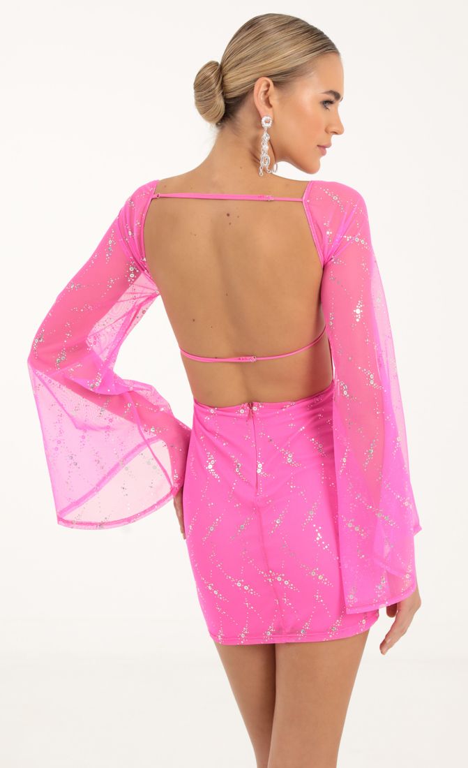 Picture Mesh Sequin Flare Sleeve Dress in Hot Pink. Source: https://media-img.lucyinthesky.com/data/Oct22/850xAUTO/9804322e-3a25-449c-871e-6860c79ea4c4.jpg