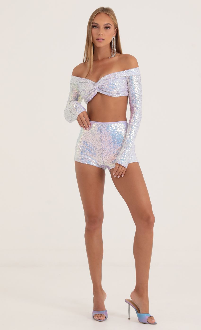 Picture Iridescent Sequin Two Piece Set in Purple. Source: https://media-img.lucyinthesky.com/data/Oct22/850xAUTO/a50bce59-328b-4e3d-890d-9c2c0a1255db.jpg