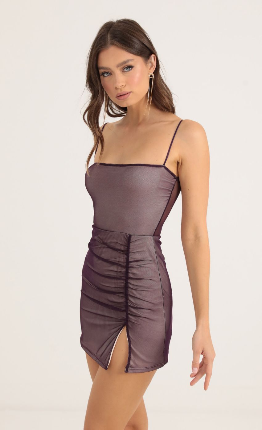 Picture Mesh Bodycon Dress in Purple. Source: https://media-img.lucyinthesky.com/data/Oct22/850xAUTO/a93820c3-f62f-4014-8f2d-bc52987ee7eb.jpg